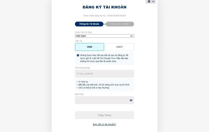 Điền thông tin để đăng ký tài khoản nhà cái Sbotop